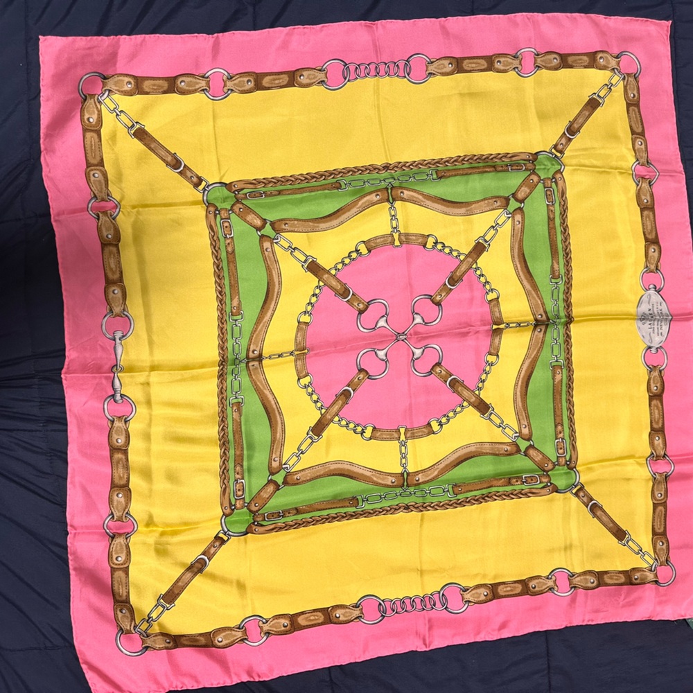 Ralph Lauren silk Pink and Yellow Equestrian Print Scarf 34” square